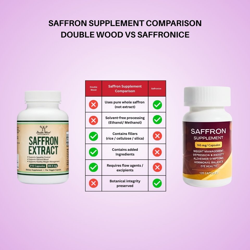Comparison chart between Double Wood and Saffronice saffron supplements on a pink background.