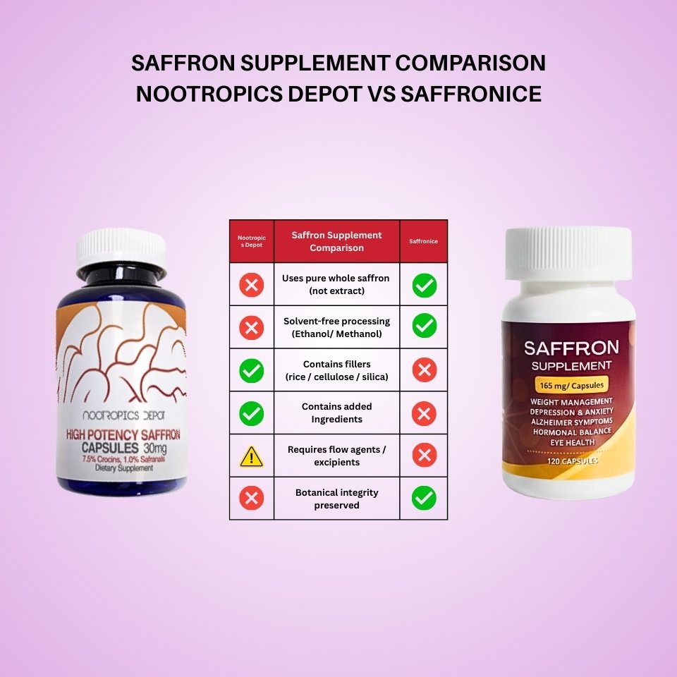 Comparison chart between Nootropics Depot and Saffronice saffron supplements on a purple background.