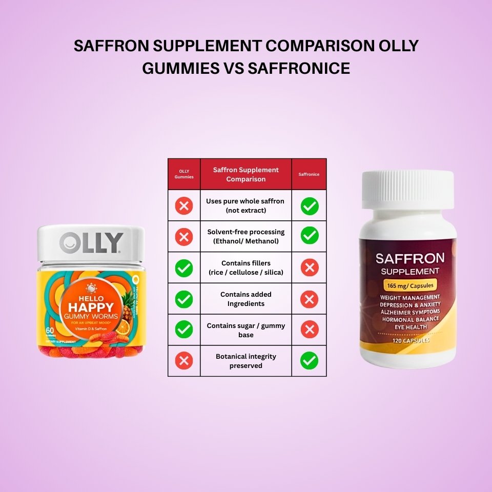Comparison chart between Olly gummies and Saffronice saffron supplement on a pink background.