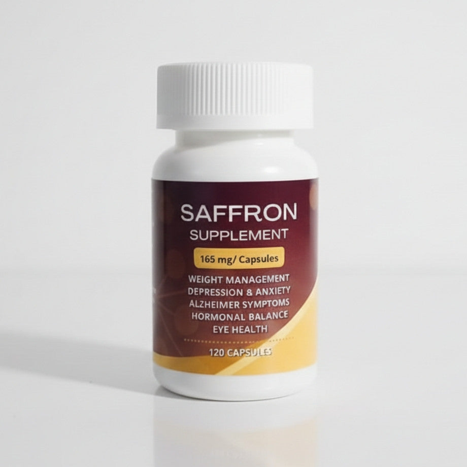 White bottle of saffron supplement capsules 165 mg for weight management and mental health